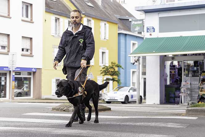 Bastien Vozelle, éducateur de chiens guides d&#039;aveugles apprend à un chien à faire un parcours dans la ville